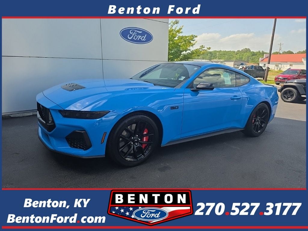2026 Ford Mustang GT in Grabber Blue Metallic — front three-quarter view