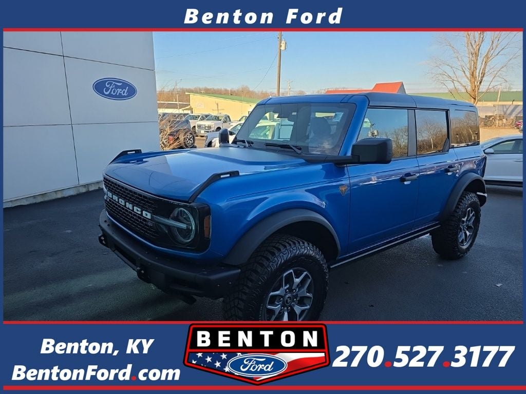 2025 Ford Bronco Badlands in Velocity Blue Metallic — front three-quarter view