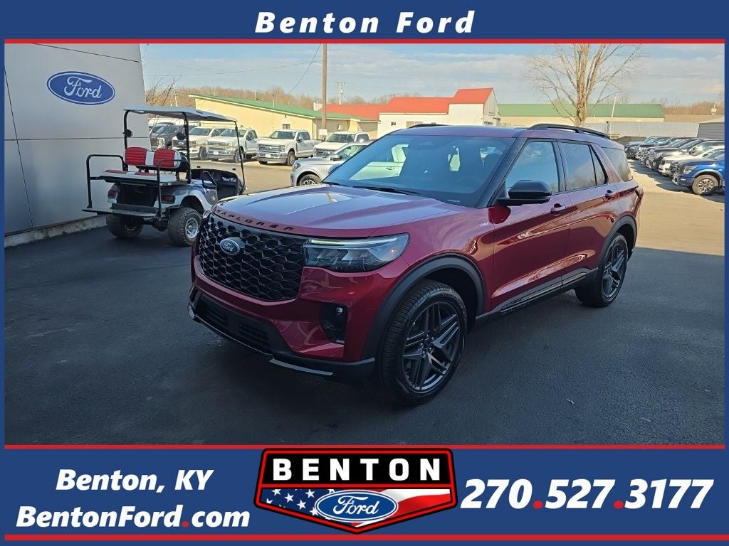 2026 Ford Explorer ST-Line in Red Metallic — front three-quarter view